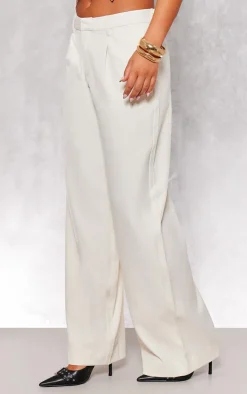 PrettyLittleThing White Woven Tailored High Waist Pleated Pants Cream