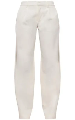 PrettyLittleThing White Woven Tailored High Waist Pleated Pants Cream