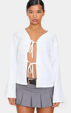 PrettyLittleThing Shirts*Woven Tie Front Flared Sleeve Shirt