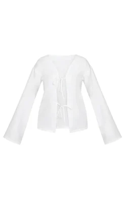 PrettyLittleThing Shirts*Woven Tie Front Flared Sleeve Shirt