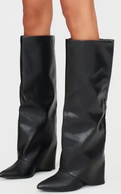 PrettyLittleThing Knee High Boots*Wide Fit PU Fold Over Zip Detail Point Toe Knee High Wedge Heeled Boots