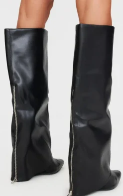 PrettyLittleThing Knee High Boots*Wide Fit PU Fold Over Zip Detail Point Toe Knee High Wedge Heeled Boots