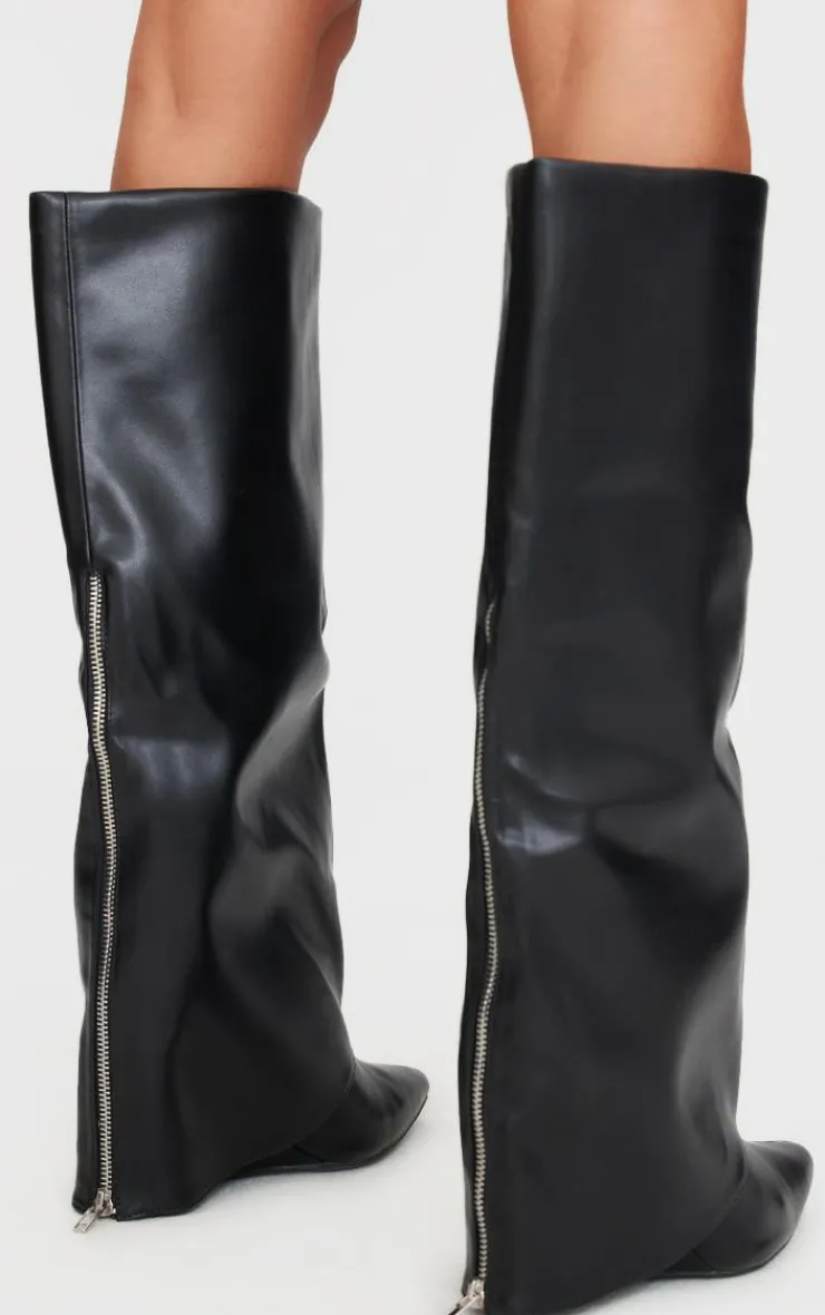 PrettyLittleThing Knee High Boots*Wide Fit PU Fold Over Zip Detail Point Toe Knee High Wedge Heeled Boots