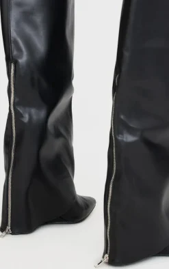 PrettyLittleThing Knee High Boots*Wide Fit PU Fold Over Zip Detail Point Toe Knee High Wedge Heeled Boots