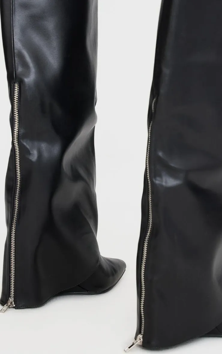 PrettyLittleThing Knee High Boots*Wide Fit PU Fold Over Zip Detail Point Toe Knee High Wedge Heeled Boots