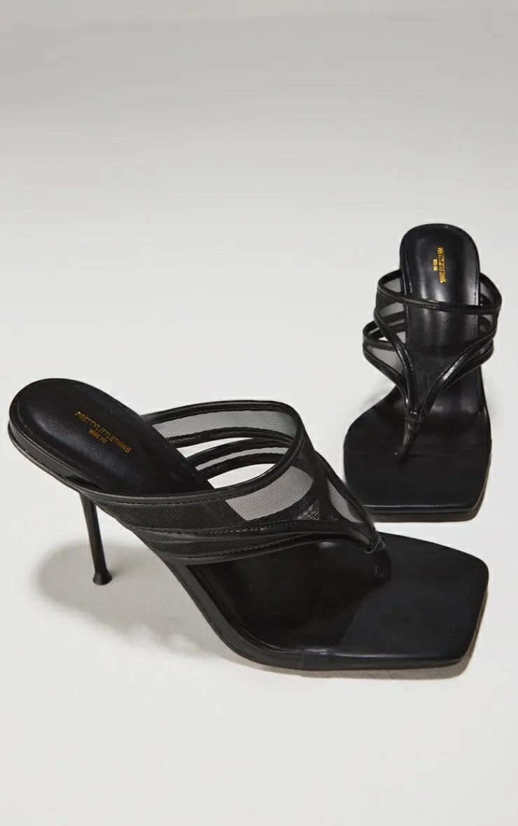 PrettyLittleThing Mules*Wide Fit Square Toe Double Mesh Toe Thong High Stiletto Heeled Mules
