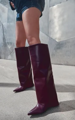 PrettyLittleThing Knee High Boots*Wide Fit PU Fold Over Zip Detail Point Toe Knee High Wedge Heeled Boots