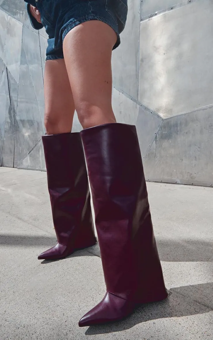 PrettyLittleThing Knee High Boots*Wide Fit PU Fold Over Zip Detail Point Toe Knee High Wedge Heeled Boots