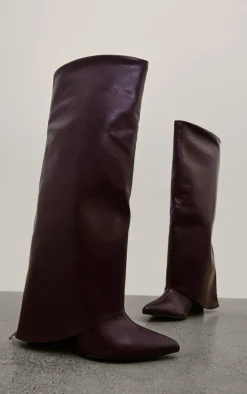 PrettyLittleThing Knee High Boots*Wide Fit PU Fold Over Zip Detail Point Toe Knee High Wedge Heeled Boots