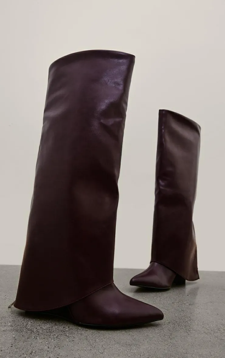 PrettyLittleThing Knee High Boots*Wide Fit PU Fold Over Zip Detail Point Toe Knee High Wedge Heeled Boots