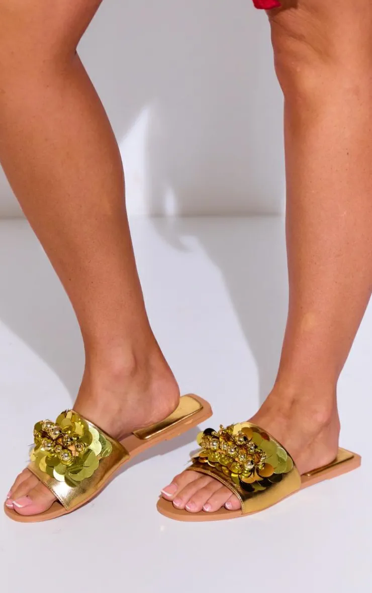 PrettyLittleThing Wide Fit Sandals*Wide Fit PU Round Toe Sequin Strap Mule Sandals