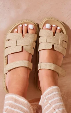 PrettyLittleThing Wide Fit Sandals*Wide Fit Linen Round Toe Velcro Strap Chunky Sandals