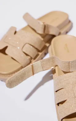 PrettyLittleThing Wide Fit Sandals*Wide Fit Linen Round Toe Velcro Strap Chunky Sandals