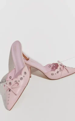 PrettyLittleThing Mules*Wide Fit Pu Point Toe Laced Bow Detailed Heeled Mules