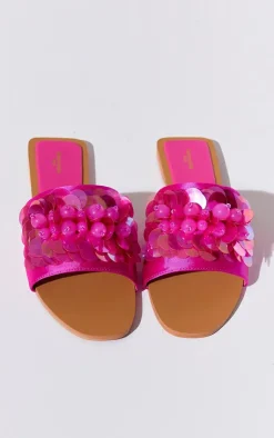 PrettyLittleThing Wide Fit Sandals*Wide Fit Pu Round Toe Sequin Strap Mule Sandals
