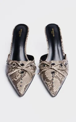 PrettyLittleThing Wide Fit Heels*Wide Fit Snake Print PU Point Toe Bow Detailed Heeled Mules