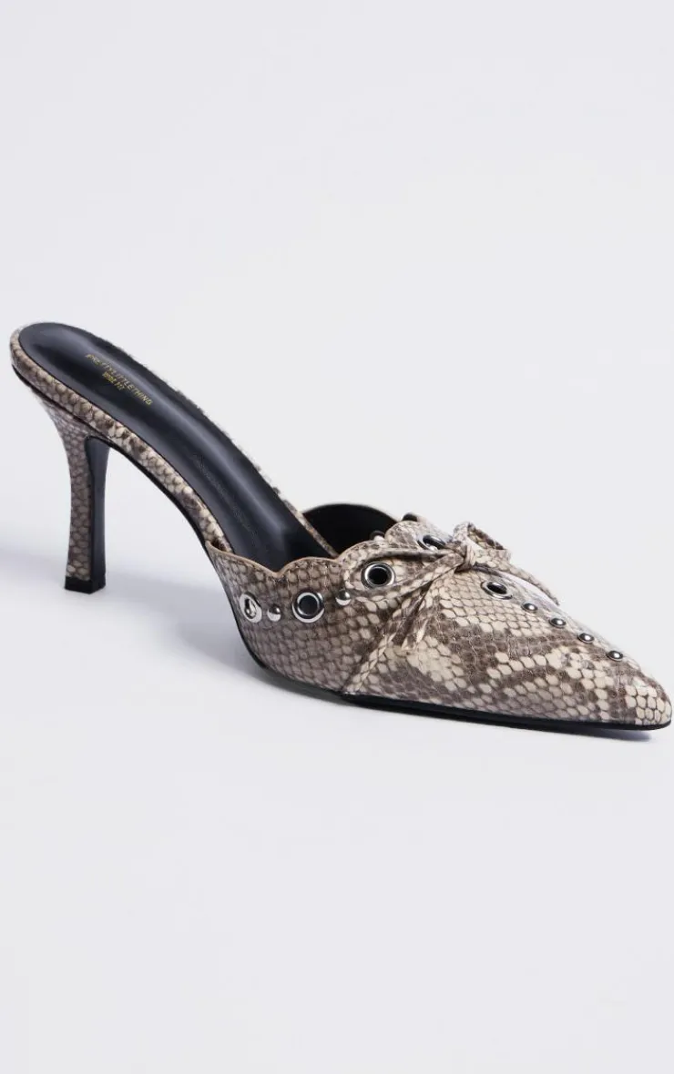 PrettyLittleThing Wide Fit Heels*Wide Fit Snake Print PU Point Toe Bow Detailed Heeled Mules