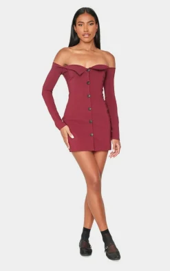 Button Detail Bardot Bodycon Dress-PrettyLittleThing New