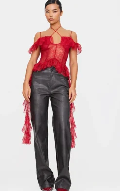 PrettyLittleThing Blouses*Lace Ruffle Halterneck Long Top