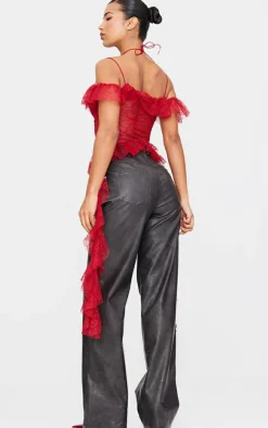 PrettyLittleThing Blouses*Lace Ruffle Halterneck Long Top