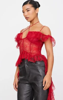 PrettyLittleThing Blouses*Lace Ruffle Halterneck Long Top