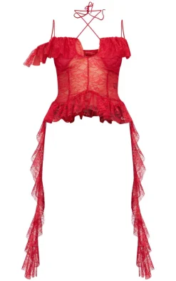 PrettyLittleThing Blouses*Lace Ruffle Halterneck Long Top