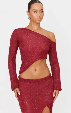 Discount PrettyLittleThing Sequin Knit Asymmetric Long Sleeve Crop Top Wine