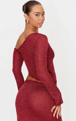Discount PrettyLittleThing Sequin Knit Asymmetric Long Sleeve Crop Top Wine