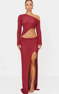 Discount PrettyLittleThing Sequin Knit Asymmetric Long Sleeve Crop Top Wine