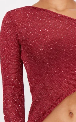 Discount PrettyLittleThing Sequin Knit Asymmetric Long Sleeve Crop Top Wine