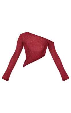 Discount PrettyLittleThing Sequin Knit Asymmetric Long Sleeve Crop Top Wine