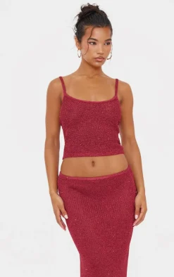 Hot PrettyLittleThing Sequin Knit Cami Top Wine