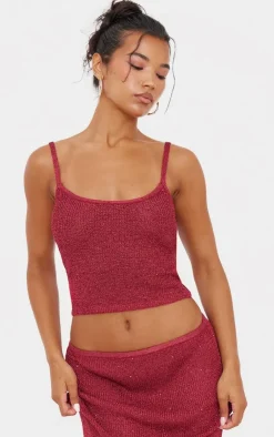 Hot PrettyLittleThing Sequin Knit Cami Top Wine
