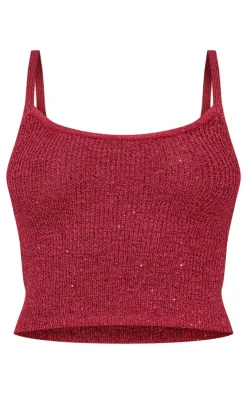 Hot PrettyLittleThing Sequin Knit Cami Top Wine