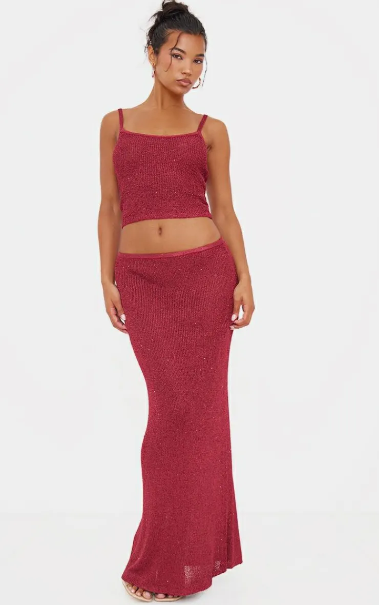 Hot PrettyLittleThing Sequin Knit Maxi Skirt Wine