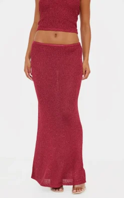 Hot PrettyLittleThing Sequin Knit Maxi Skirt Wine