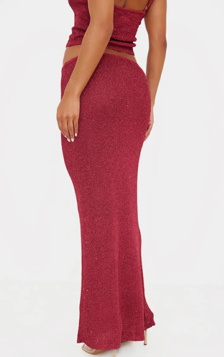 Hot PrettyLittleThing Sequin Knit Maxi Skirt Wine