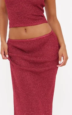 Hot PrettyLittleThing Sequin Knit Maxi Skirt Wine