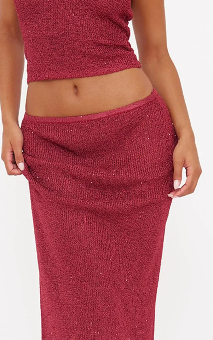 Hot PrettyLittleThing Sequin Knit Maxi Skirt Wine
