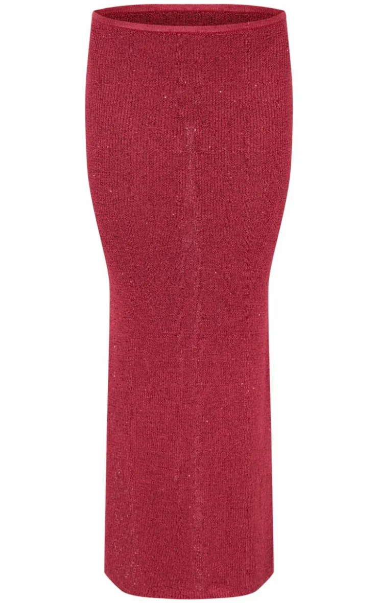 Hot PrettyLittleThing Sequin Knit Maxi Skirt Wine