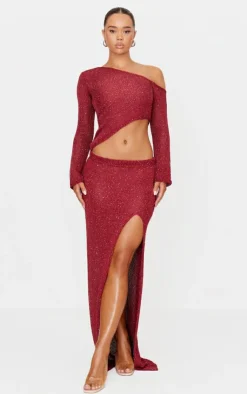 PrettyLittleThing Sequin Knit Side Split Maxi Skirt Wine