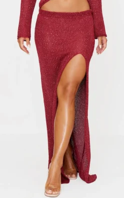 PrettyLittleThing Sequin Knit Side Split Maxi Skirt Wine