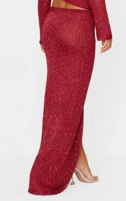 PrettyLittleThing Sequin Knit Side Split Maxi Skirt Wine