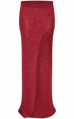 PrettyLittleThing Sequin Knit Side Split Maxi Skirt Wine