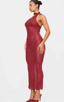 Sequin Knit Tie Neck Maxi Dress-PrettyLittleThing Clearance