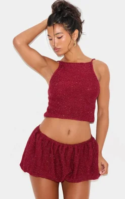 Online PrettyLittleThing Tinsel Knit Detail Cami Crop Top Wine