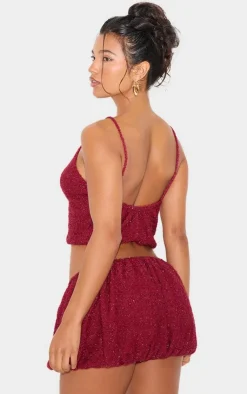 Online PrettyLittleThing Tinsel Knit Detail Cami Crop Top Wine