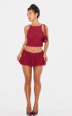 Online PrettyLittleThing Tinsel Knit Detail Cami Crop Top Wine