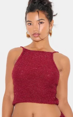 Online PrettyLittleThing Tinsel Knit Detail Cami Crop Top Wine