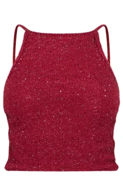 Online PrettyLittleThing Tinsel Knit Detail Cami Crop Top Wine